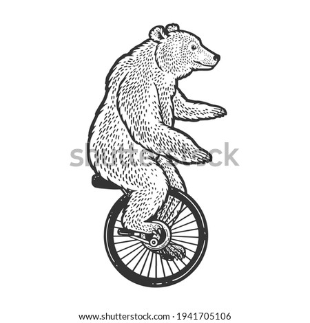 unicycle cartoon circus bear sketch engraving vector illustration. T-shirt apparel print design. Scratch board imitation. Black and white hand drawn image.