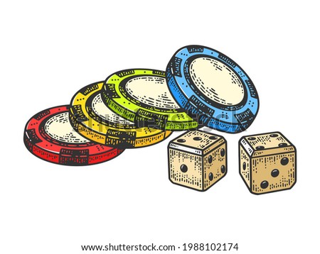 Casino dice and chips color line art sketch engraving vector illustration. T-shirt apparel print design. Scratch board imitation. Black and white hand drawn image.