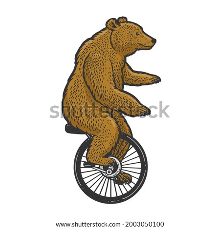 unicycle cartoon circus bear color line art sketch engraving vector illustration. T-shirt apparel print design. Scratch board imitation. Black and white hand drawn image.