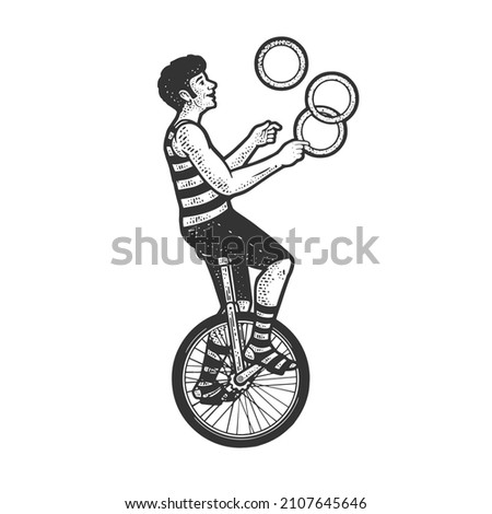 Juggler circus on unicycle sketch engraving vector illustration. T-shirt apparel print design. Scratch board imitation. Black and white hand drawn image.