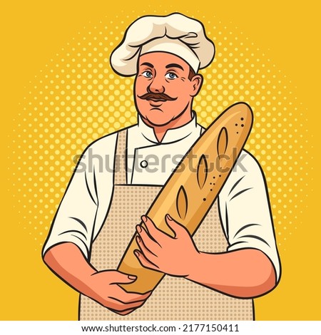 Baker with baguette loaf of bread pop art retro vector illustration. Comic book style imitation.