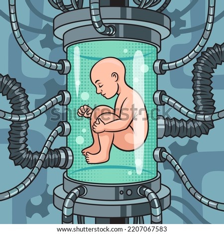 artificially born created baby in science fiction laboratory pinup pop art retro vector illustration. Comic book style imitation.
