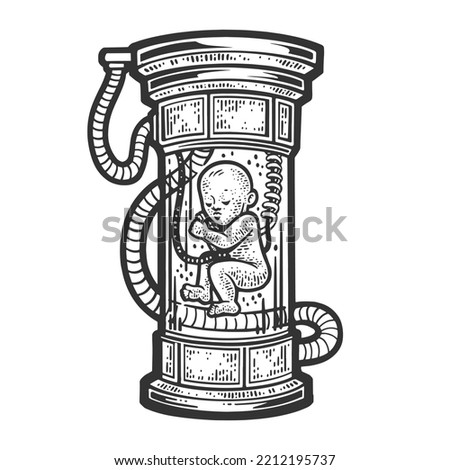 artificially born created baby in science fiction laboratory sketch engraving vector illustration. Scratch board imitation. Black and white hand drawn image.