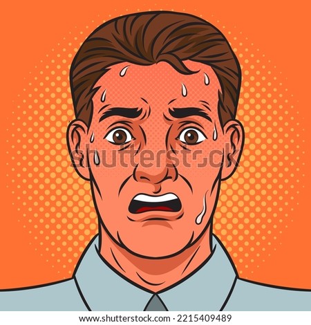 nervous frightened scared sweaty man with anxiety and flushed face pinup pop art retro vector illustration. Comic book style imitation.
