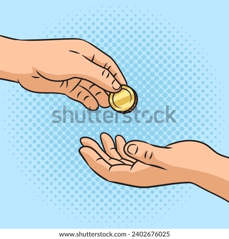 Man gives money coin to another man pinup pop art retro hand drawn vector illustration. Comic book style imitation.