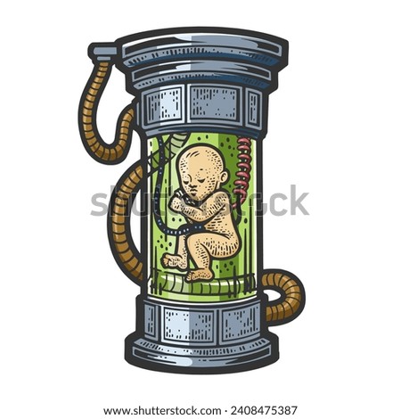 artificially born created baby in science fiction laboratory sketch hand drawn color engraving vector illustration. Scratch board imitation. Black and white hand drawn image.
