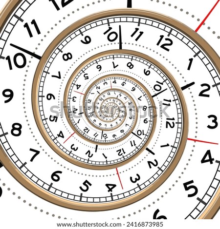 Spiral with clock watch dial. Metaphor of infinity of time. Transience of time. Limited life time. Conceptual illustration. Hand drawn vector illustration.