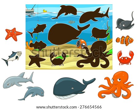 Match the underwater animals and fish to their shadows child game vector illustration