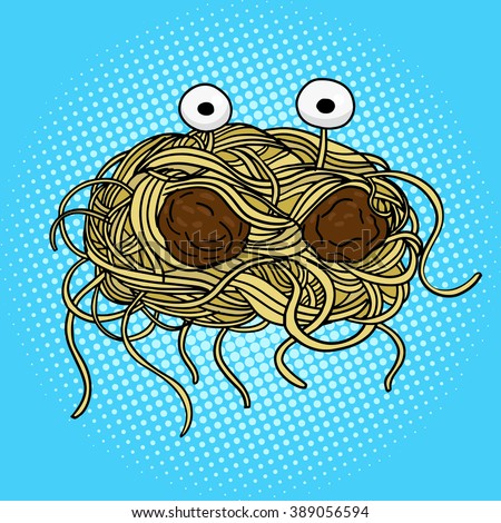 Flying spaghetti monster pop art style vector illustration. Hand drawn doodle.  Comic book style imitation. Vintage retro style. Conceptual illustration
