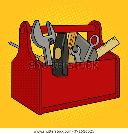 Toolbox red color with tools pop art style vector illustration. Comic book style imitation. Vintage retro style. Conceptual illustration