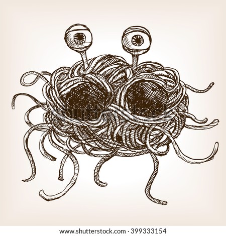 Flying spaghetti monster sketch style vector illustration. Old hand drawn engraving imitation.