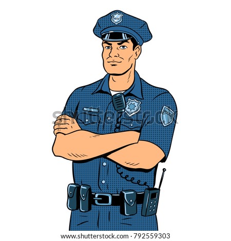 Policeman pop art retro vector illustration. Isolated image on white background. Comic book style imitation.