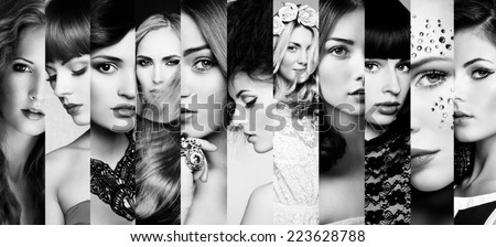 Beauty collage. Faces of women. Fashion photo. Black and white