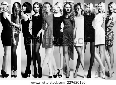 Fashion collage. Group of beautiful young women. Sensual girls