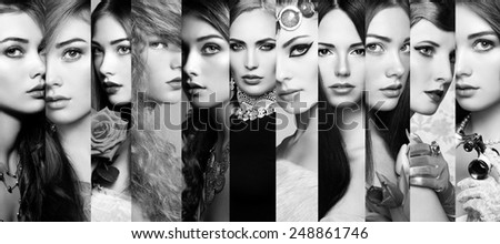 Beauty collage. Faces of women. Group of people. Fashion photo. Perfect make-up. Black and White