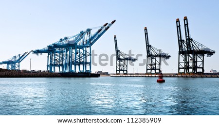 Cargo sea port. Sea cargo cranes. Sea. Panorama.