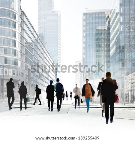 A large group of people in the office center. Urban scene.