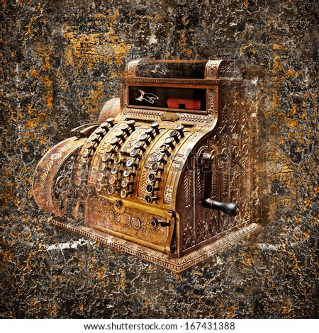 Old-time cash register in a shop. Object. Abstract background. Square..