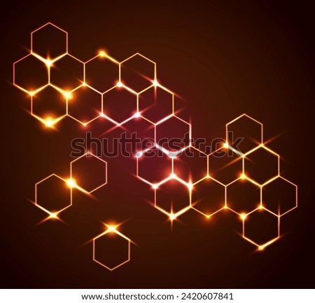 vector image of the shiny golden honey combs with the revlections on the dark background. Abstract honey comb.