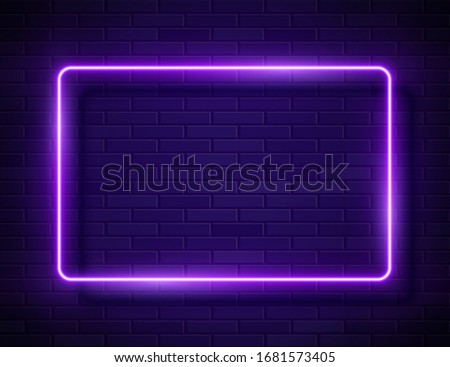 Futuristic Sci Fi Modern Neon Glowing Rectangle Frame for Banner on Dark Empty Grunge Concrete Brick Background. Vector Vintage Blue Violet Colored Lights. Retro Neon Sign