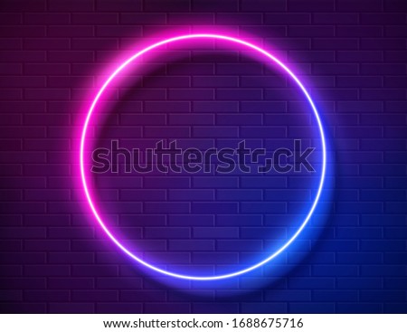 Futuristic Sci Fi Modern Neon Gradient Glowing Circle Frame for Banner on Dark Empty Grunge Concrete Brick Background. Vector Vintage Purple Pink Blue Violet Colored Lights. Retro Neon Sign