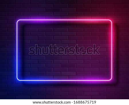 Futuristic Sci Fi Modern Neon Gradient Glowing Rectangle Frame for Banner on Dark Empty Grunge Concrete Brick Background. Vector Vintage Purple Pink Blue Violet Colored Lights. Retro Neon Sign