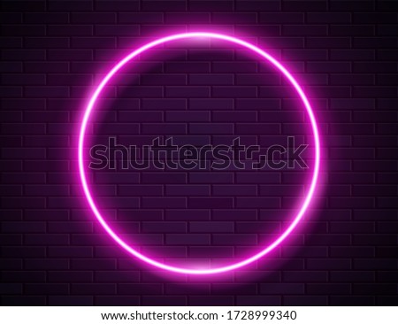 Futuristic Sci Fi Modern Neon Pink Glowing Circle Banner on Dark Empty Grunge Brick Background. Vector Vintage Purple Colored Directions Lamp. Retro Neon Sign