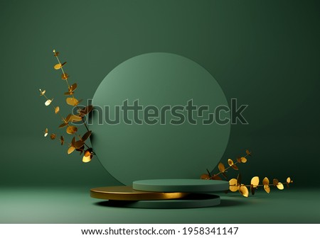 Abstract geometric shape dark green color minimalistic scene with podium, vase and gold flowers. Design for cosmetic or product identity and packaging display background. 3d render.