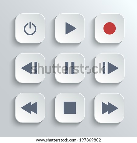 Media player control ui icon set- vector white app buttons with home
