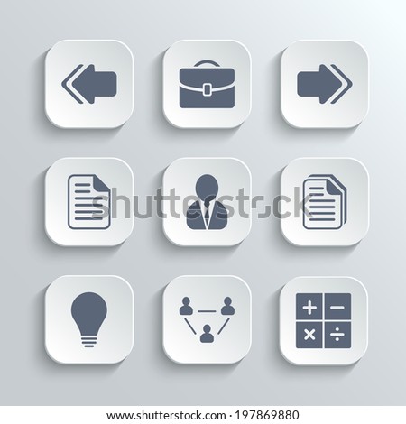Office icons set - vector white app buttons with left right arrows document copy man avatar lamp team network calculator