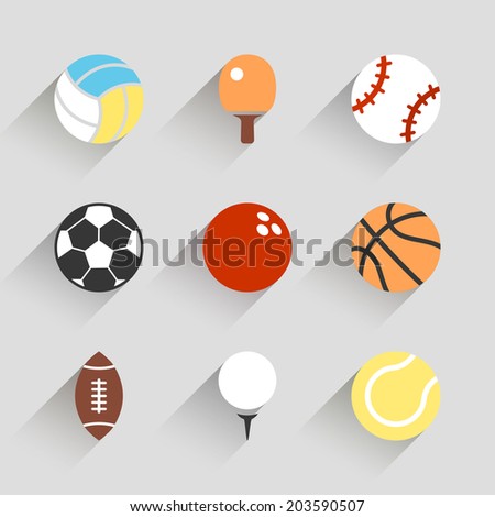 Sport balls icon set - vector white app buttons long shadow style with football soccer tennis baseball basketball golf  volleyball rugby bowling ping pong symbols