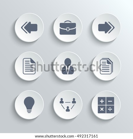 Office icons set - vector white round buttons with left right arrows document copy man avatar lamp team network calculator