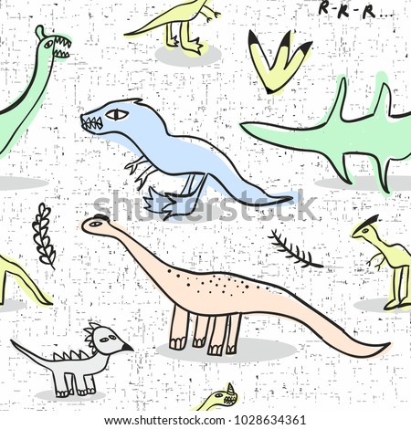 Seamless pattern with doodle dinosaur. Vector textured wallpaper in children style.