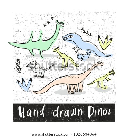 Set of hand drawn prehistoric animals in naive style. Kids vector illustration of dinosaurs group.