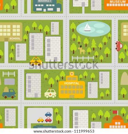 Cartoon Map Seamless Pattern Of Summer City. Vector Cityscape ...