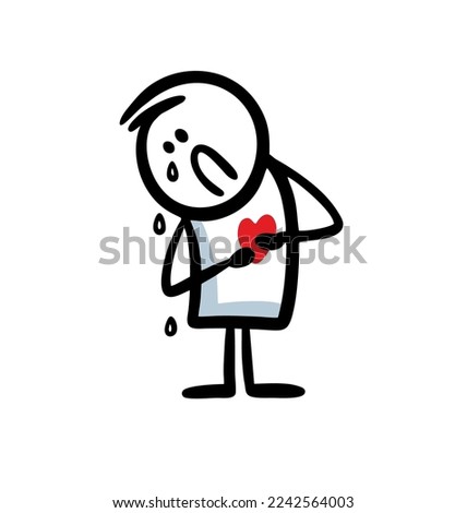 A man with tears holds on to a broken heart and suffers from unrequited love. Vector illustration of unlucky doodle lover crying.