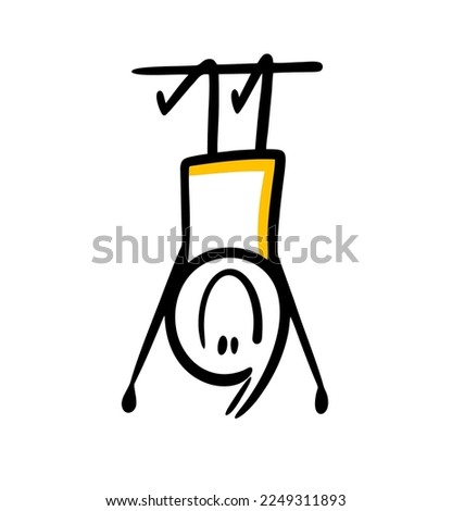 A cheerful child on the playground is hanging upside down on a horizontal bar. Funny vector illustration of games from childhood.