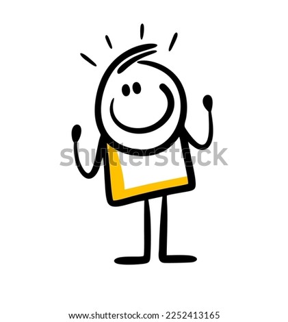 Very happy funny character looks down and clenches his fists. Vector illustration of a cheerful stick figure boy.