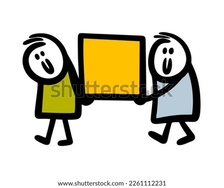 Two men from the delivery service re carrying a large heavy box in their hands. Vector illustration of parcel delivery and cheerful porters by stickman.