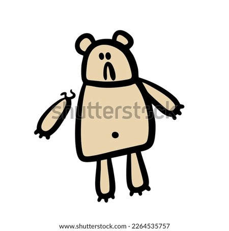 Doodle sad teddy bear with torn paw is a favorite old toy. Vector illustration of animal hand drawn in cartoon style.