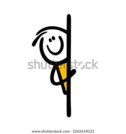 Cartoon outline man suddenly looks out from behind the corner of the wall. Vector illustration of doodle hand drawn child playing hide and seek.