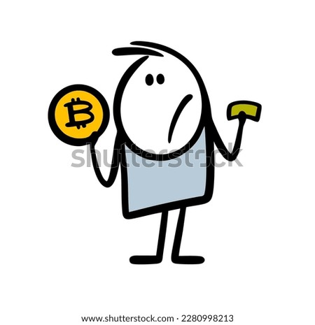 Funny character changes the fiat currency to bitcoins. Vector illustration of a stickman on the stock exchange and cash.