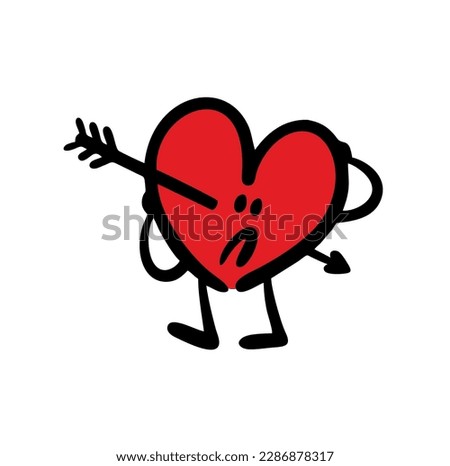 Cartoon hand drawn frustrated character heart pierced by a sharp arrow. Vector illustration for Valentines day of person in love.