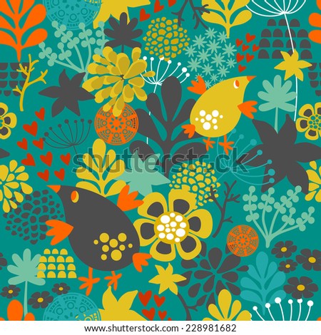 Romantic seamless pattern with cute vintage flowers and birds. Colorful vector background in retro style.