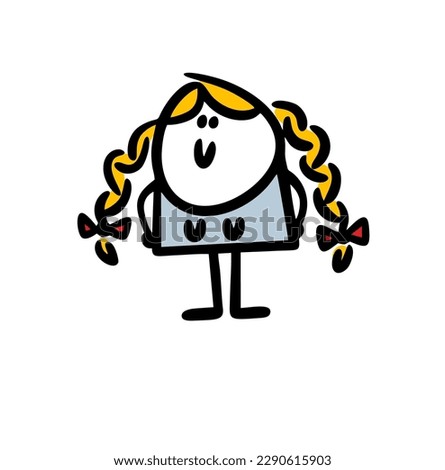 A little fat girl with long blonde hair braided in braids and bows. Vector illustration female stic gigure woman. Stock foto © 