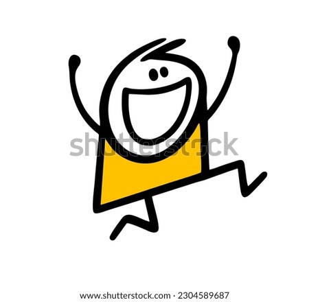 Happy stick figure boy runs and jumps in positive good mood with rising hands. Vector illustration of dancing funny stickman. Isolated image on white background.