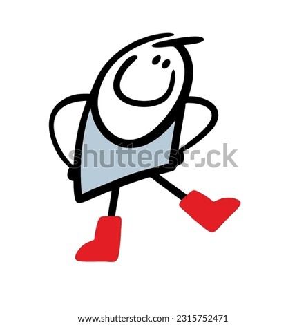 Funny stickman shows off new red rubber boots for autumn. Vector illustration of a character in fashionable shoes in bad weather. Cartoon image isolated on white background.