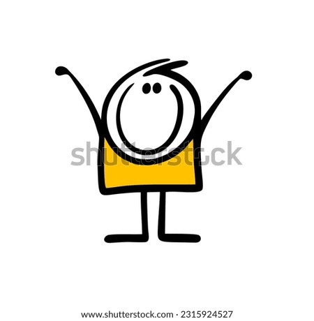 Happy little boy with rising up hands meeting guests. Vector illustration of glad stickman welcome print. Cartoon image isolated on white background.