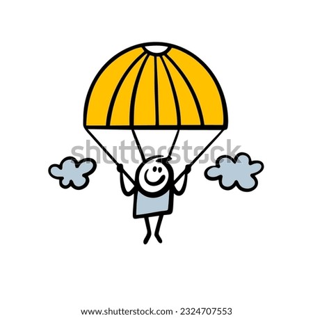 Funny stickman is flying down on a parachute in the sky among the clouds. Vector illustration of a brave man jumped out of an airplane and plans in the air. Hand drawn stick figure character isolated.