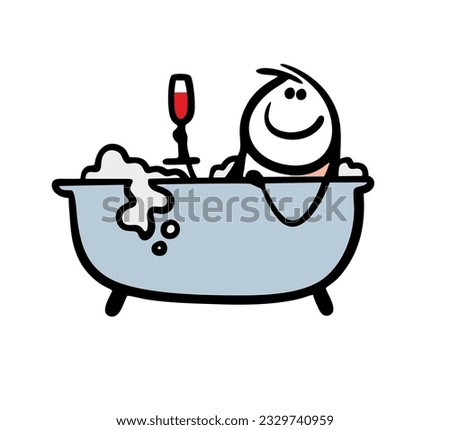 Young guy lies in the foam in the bathtub and relaxes with a glass of red wine. Vector illustration of person taking bath on vacation in hot water. Doodle cartoon stick man character.